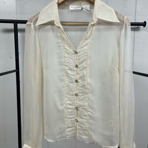 Worthington Cream Silk Sheer Ruffled Button-Up Blouse